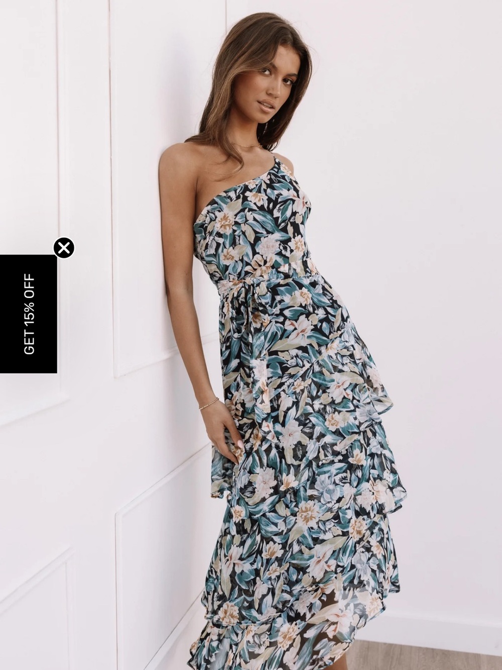One-Shoulder Floral Tiered Maxi Dress in Teal, Cream & Black
